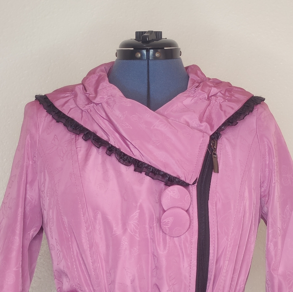 Pink Butterfly Pattern Ruffle Accent Winter Coat - Picture 7 of 16